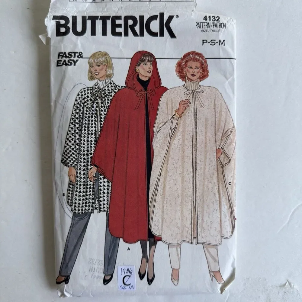 Vtg 80s Cape Poncho Outerwear Sewing Pattern 4132 Misses 3 Styles 6-14